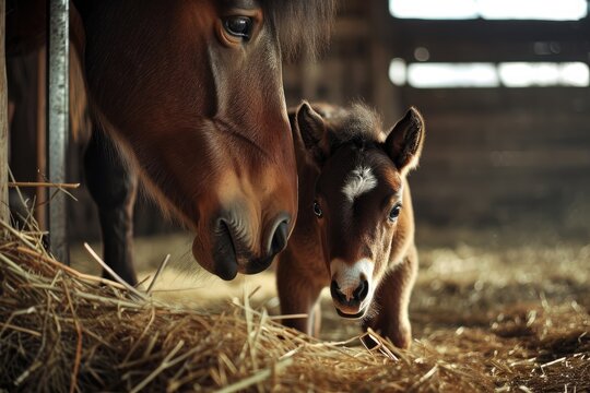 A photo capturing a baby horse confidently standing beside an adult horse in a grassy field, A heartwarming scene of a horse with its foal in a barn, AI Generated