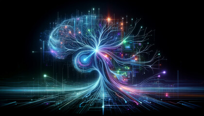 Futuristic neuron network with vibrant colors and sleek lighting.