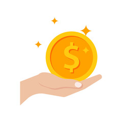 Gold coin in hand businessman isometric design. Giving, receiving take money. Concept of charity.