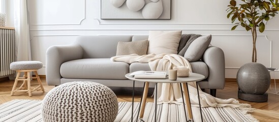 Soft blanket draped over a cozy grey sofa, coffee table, and pouf in living room.