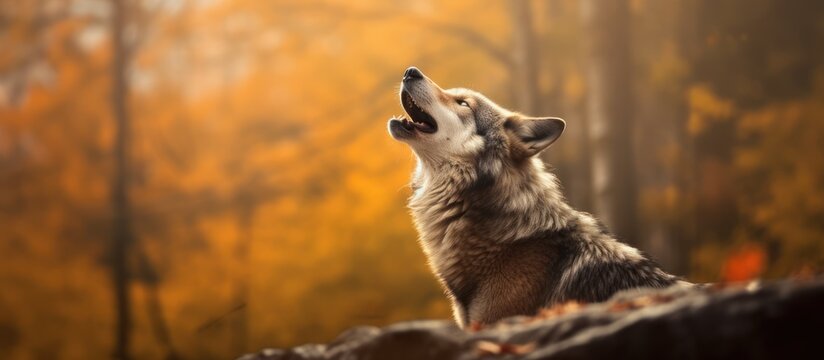 a wolf howls in the background of autumn trees