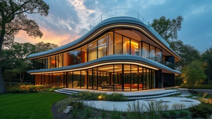A symphony of angles and curves in a cutting-edge, sustainable architectural design. - obrazy, fototapety, plakaty