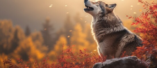 a wolf howls in the background of autumn trees