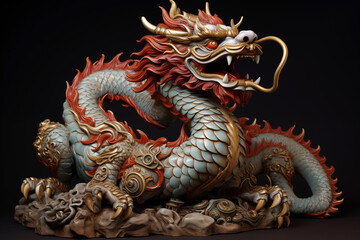 Naklejka premium traditional chinese dragon for chinese new year 2024, chinese lucky dragon symbol, Lùhng, ryū, 龍/竜, yong, 용, mungkorn, มังกรจีน, rồng, generative AI