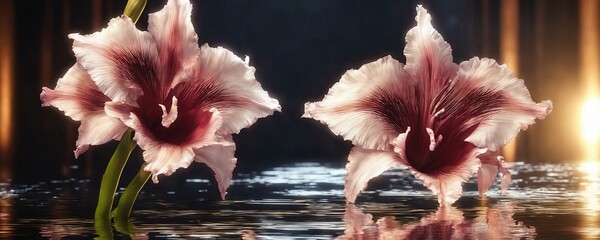 there are two pink flowers that are in the water