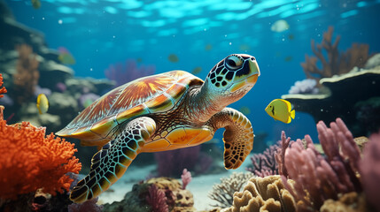 Fototapeta premium Turtle under water in coral reef, Generative AI