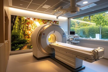 This photograph captures a room that houses a prominent machine, showcasing its size and presence within the space, A high-tech MRI scanner in a clinical setting, AI Generated - obrazy, fototapety, plakaty