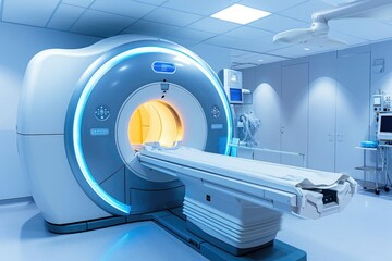 This photo features a room with a prominently displayed large machine, A high-tech MRI scanner in a clinical setting, AI Generated - obrazy, fototapety, plakaty
