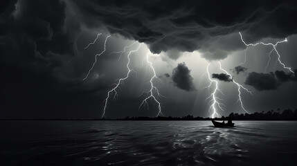 Naklejka na ściany i meble Lightning on the sky, gloomy ominous storm clouds background