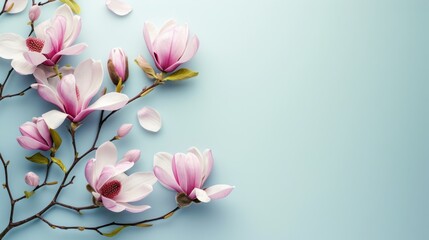 Branch of pink blooming magnolia on a blue grunge background 