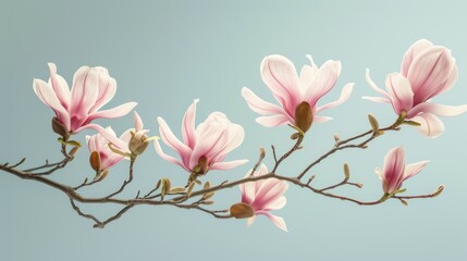 Branch of pink blooming magnolia on a blue grunge background 