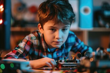 A young boy joyfully engages with a robot, exploring the exciting world of technology, A kid learning programming with a learning kit, AI Generated