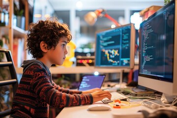 A young boy is seated in front of a computer monitor, engaged in digital activities, A kid learning programming with a learning kit, AI Generated