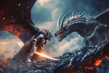 Fotobehang A fierce dragon engages in a deadly battle with a armored knight, A knight battling a dragon symbolizing cybersecurity versus cyber threats, AI Generated © Ifti Digital