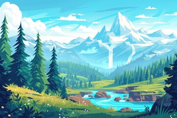 This photo depicts a realistic painting of a majestic mountain landscape with a river meandering through it, A landscape featuring landmarks that symbolize popular podcast themes, AI Generated