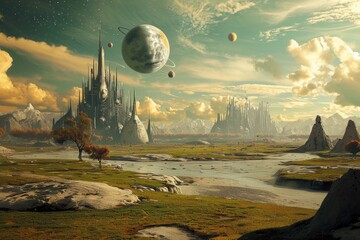 A realistic painting depicting a fantasy landscape with a castle in the far-off horizon, A landscape featuring landmarks that symbolize popular podcast themes, AI Generated - obrazy, fototapety, plakaty