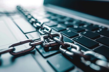 Fototapeta premium A detailed view of a laptop computer with a chain securely attached to it, A laptop with a chain and a lock symbolizing device security, AI Generated