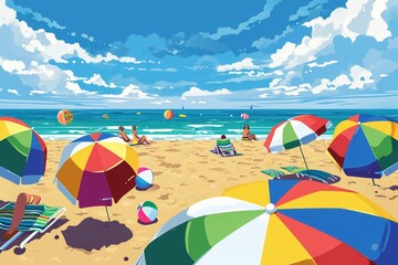 Group of People Sitting on Top of a Beach Under Umbrellas, A lively beach scene with colorful sun umbrellas and beach balls, AI Generated