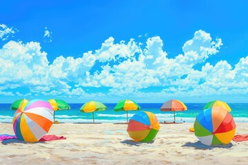 A vibrant group of umbrellas rests on top of a sandy beach, creating a vivid contrast against the blue sky, A lively beach scene with colorful sun umbrellas and beach balls, AI Generated