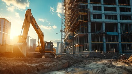 Construction site with the operation of a heavy equipment excavator.