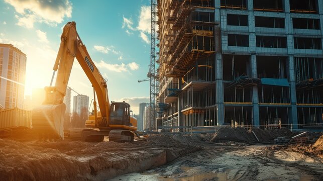 Construction site with the operation of a heavy equipment excavator.