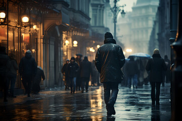Person walks across a rainy city street,people walking on the street,blur background,light,london,black clothes and jacket - obrazy, fototapety, plakaty