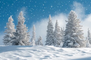 Fototapeta na wymiar A photograph capturing a wintry scene with snow-covered trees and delicate snow flakes falling gently from the sky, A magical snowy hillside with Christmas trees, AI Generated