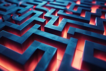 This close-up photograph captures the intricate details of a blue and red maze, showcasing the complexity of its design, A maze representing the complexity of cybersecurity, AI Generated