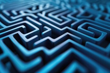 A detailed view of a complex maze pattern, featuring shades of blue, with intricate pathways and intersections, A maze representing the complexity of cybersecurity, AI Generated