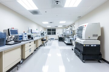 The photo captures a spacious room filled with a multitude of machines performing various tasks, A medical laboratory filled with machines, AI Generated
