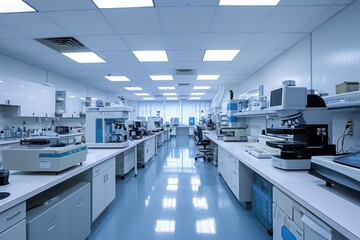 This photo captures a spacious laboratory teeming with an extensive array of scientific apparatus and tools, A medical laboratory filled with machines, AI Generated