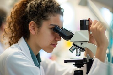 A woman wearing a lab coat is focused on examining a microscope slide through a laboratory microscope, A medical student looking through a microscope, AI Generated