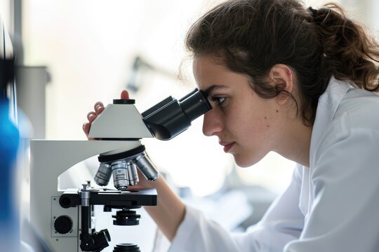 A woman in a laboratory setting is peering through a microscope, studying a specimen up close, A medical student looking through a microscope, AI Generated