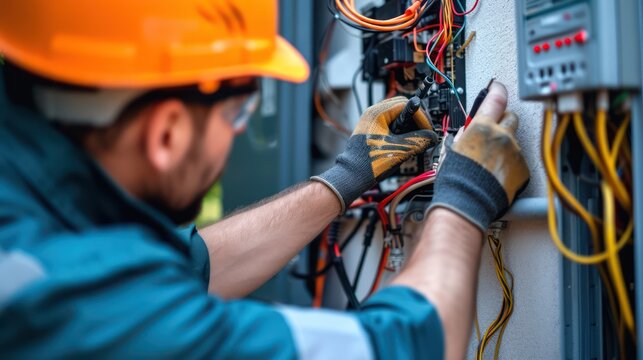 Close-up shot of an electrician carefully repairing wiring and electrical equipment.