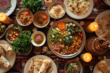 A table covered with a wide variety of delectable dishes representing different cuisines and flavors, appealing to all palates, A Middle-Eastern feast in warm, earthy tones, AI Generated - obrazy, fototapety, plakaty