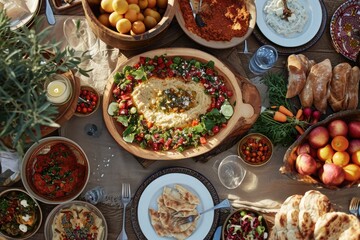 A table filled with an assortment of different types of food, showcasing a wide variety of flavors and textures, A Middle-Eastern feast in warm, earthy tones, AI Generated