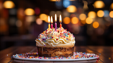 Colored birthday cake with different colored candles. Colored lights and confetti	