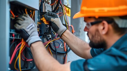 Close-up shot of an electrician carefully repairing wiring and electrical equipment.