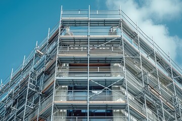 Fototapeta premium A photograph of a towering building covered in scaffolding, showcasing ongoing construction work, A modernized scaffolding system with integrated safety technology, AI Generated