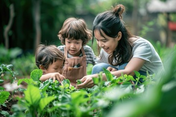 Fototapeta premium A woman and two children are standing in a garden, enjoying the outdoors, A mother teaching her children how to garden, AI Generated