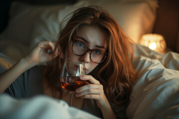 Intimate portrait of a woman with glasses, sipping wine in bed, exuding a relaxed and cozy ambiance with warm lighting.