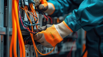 Close-up shot of an electrician carefully repairing wiring and electrical equipment.