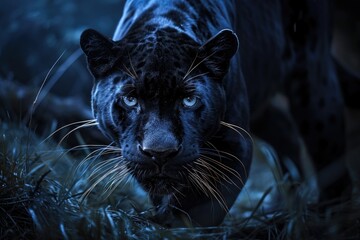 A black panther, captured in a close-up shot, gracefully walks through the dense foliage of a forest, A mysterious black panther creeping stealthily in the dead of the night, AI Generated