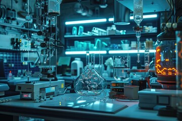 A Laboratory Filled With Diverse Types of Equipment, A nanomedicine laboratory with tiny devices and substances visible, AI Generated