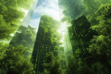 This photo depicts a painting of a city characterized by tall buildings and lush green surroundings, A nanotechnology-powered green energy solution, AI Generated