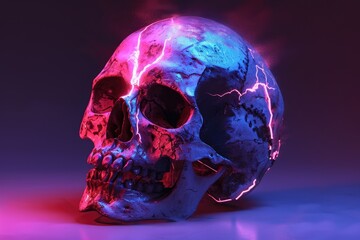 A skull with a captivating lightning effect illuminating its face in a dark and dramatic setting, A neon-themed 3D model of a human skull with a fracture, AI Generated
