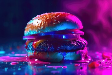 A hamburger covered in a vibrant and colorful liquid is placed on top of a table, A neon-tinted...