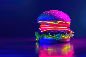 A large hamburger dominates the frame, brightly illuminated by colorful neon lights, A neon-tinted...