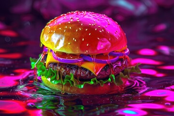 A visually striking hamburger featuring a multitude of neon colors that create a vibrant and...