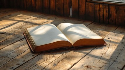 An open book on a wooden floor. Generative AI.